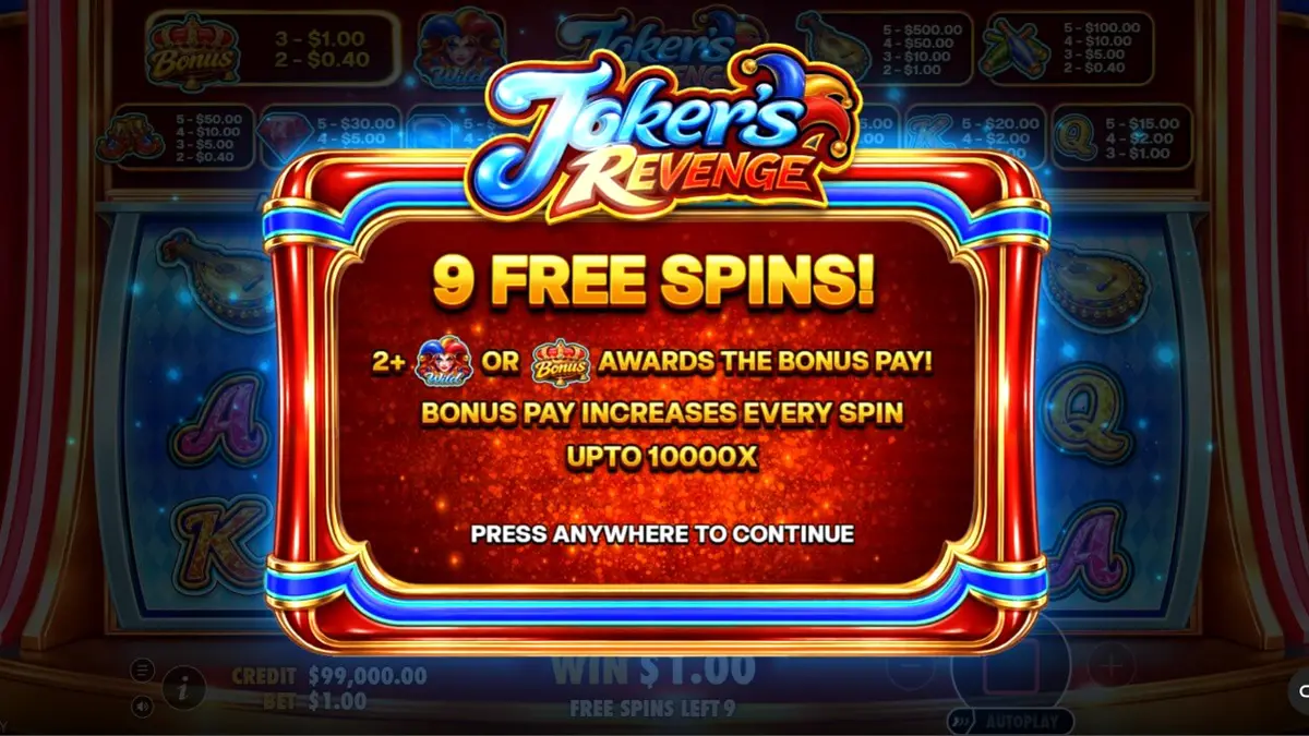 Interface do slot Joker’s Revenge com elementos temáticos de arlequim e cores vibrantes